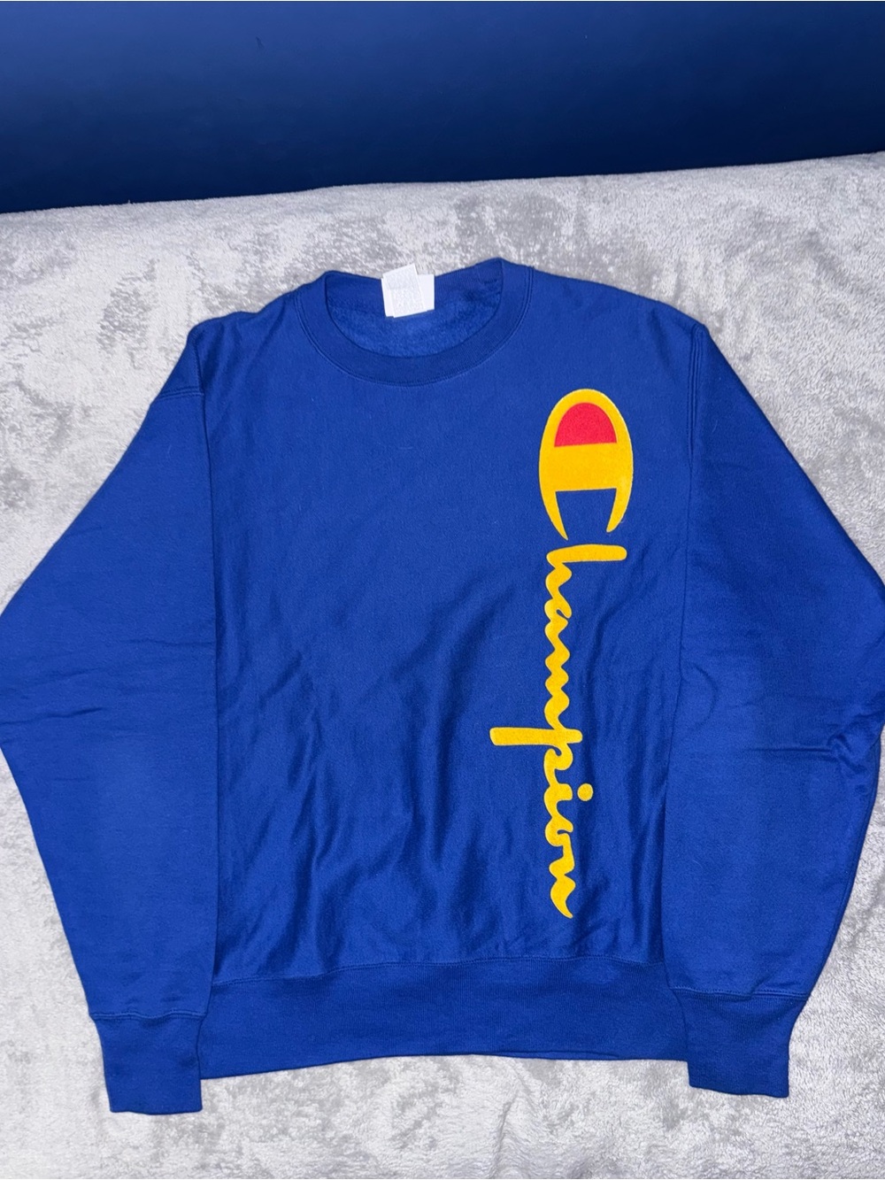 Mens Champion Blue Crewneck Sweatshirt with Yellow Logo